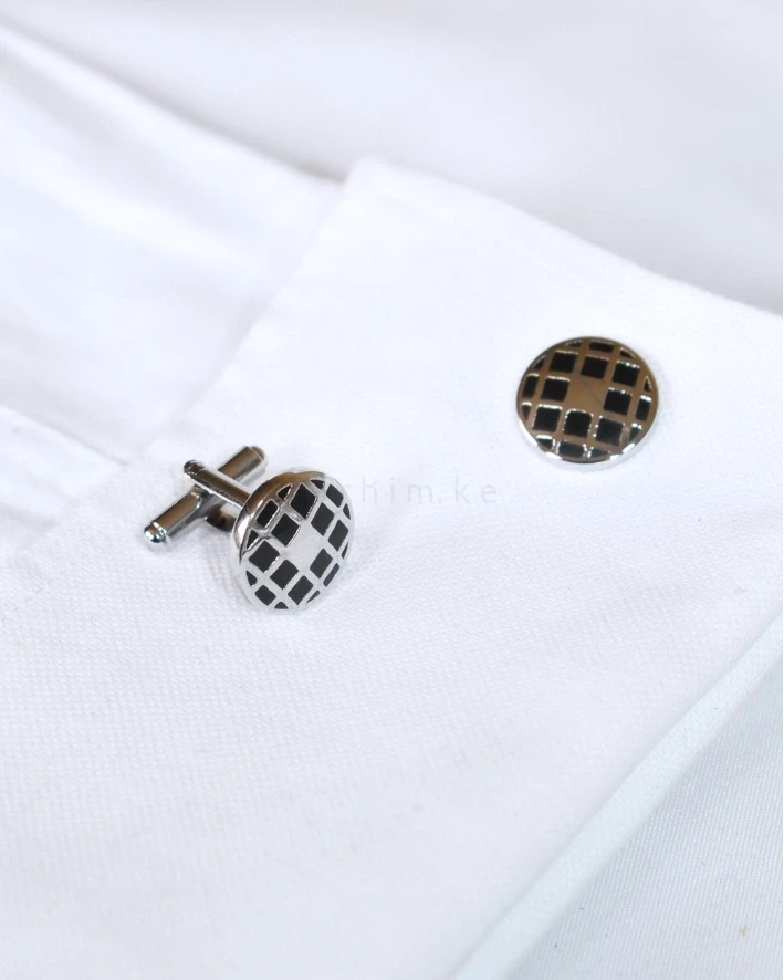 Classic Round Silver & Black Grid Cufflinks