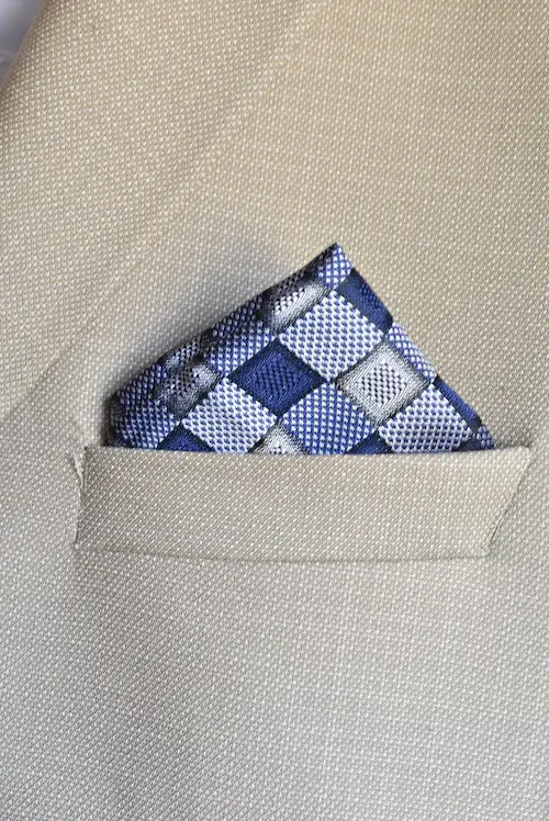 Royal Blue and Silver Patchwork Check Pocket Square