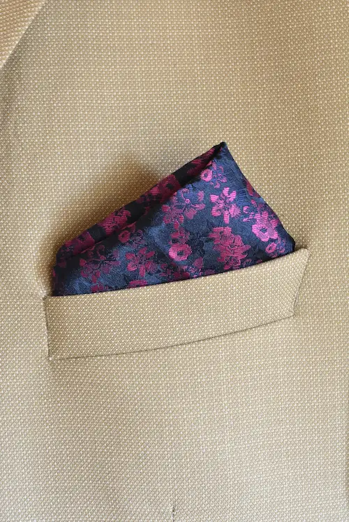 Midnight Navy and Magenta Floral Jacquard Pocket Square