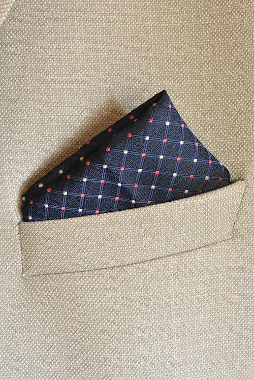 Navy Blue and Crimson Diamond Grid Pocket Square