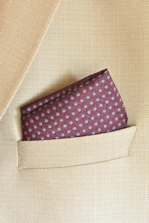 Burgundy Red and Grey Polka Dot Pocket Square