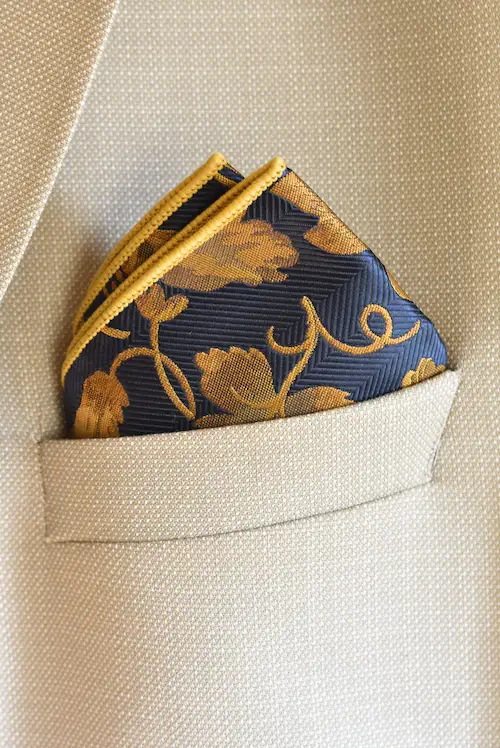 Midnight Navy and Aureolin Gold Floral Vine Pocket Square