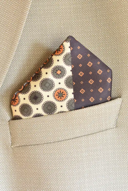 Brown and Cream Medallion Pocket Square | Men's Suit Accessory