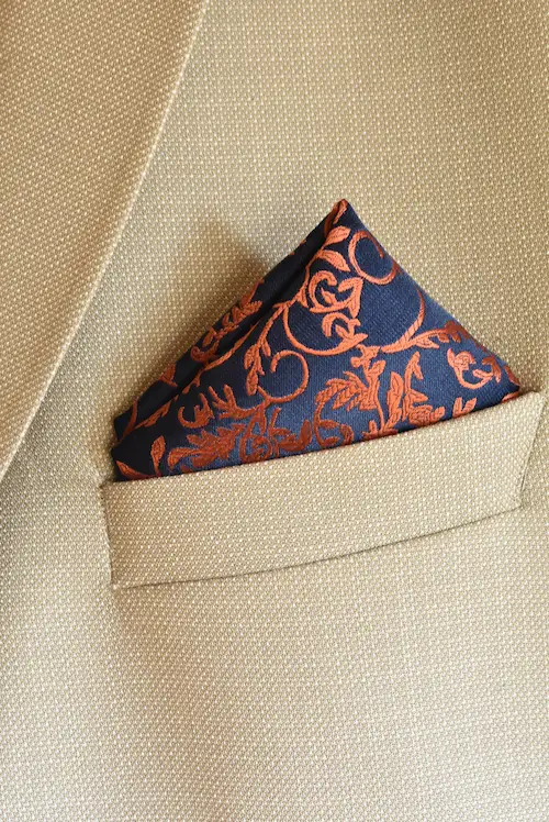Midnight Navy and Copper-Orange Floral Vine Pocket Square