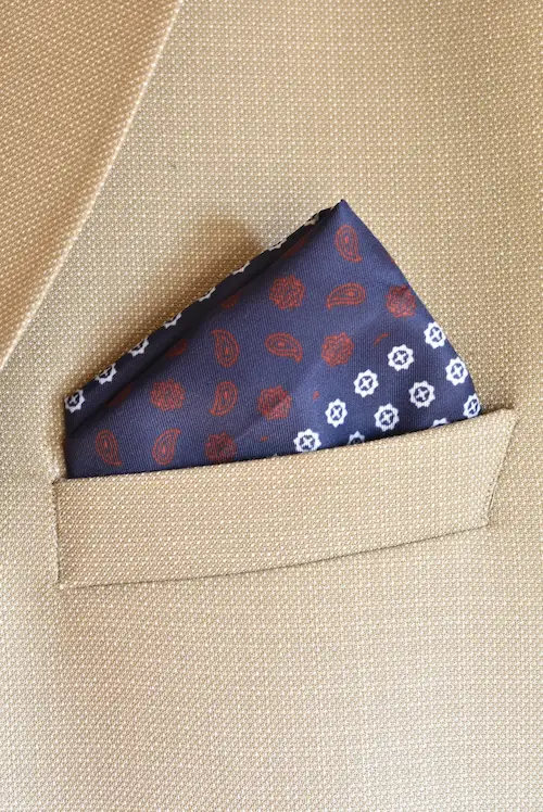 Midnight Navy Asymmetric Paisley and Medallion Pocket Square