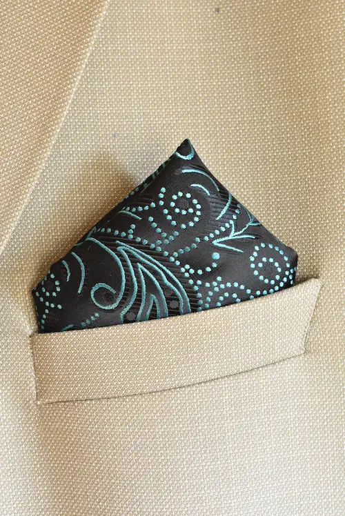 Onyx Black and Teal Ornate Scroll Pocket Square
