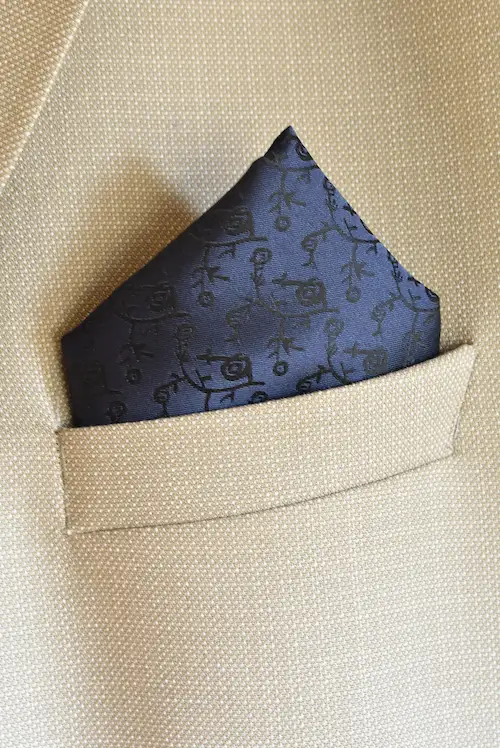 Midnight Navy and Onyx Floral Vine Pocket Square