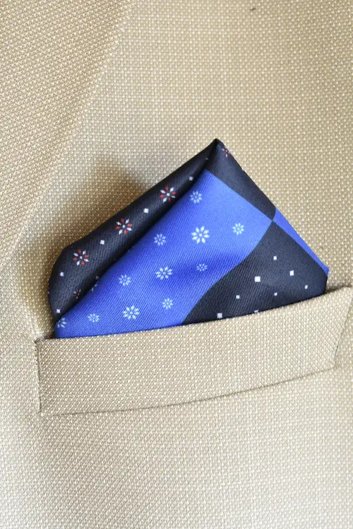 Royal Blue and Black Multi-Pattern Block Pocket Square
