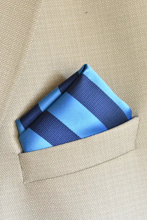 Sky Blue and Midnight Navy Bold Ribbed Striped Pocket Square