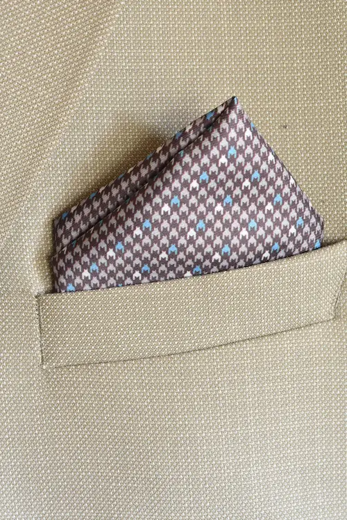 Earthy Brown and Light Blue Micro-Houndstooth Pocket Square