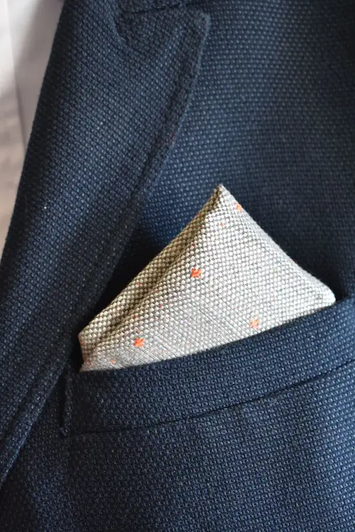 Oatmeal Grey and Orange Embroidered Cross Pocket Square