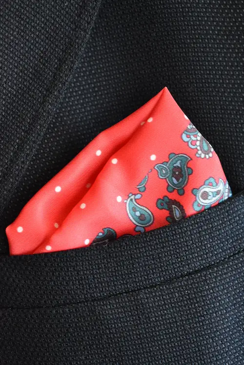 Scarlet Red Dual-Pattern Paisley and Polka Dot Pocket Square