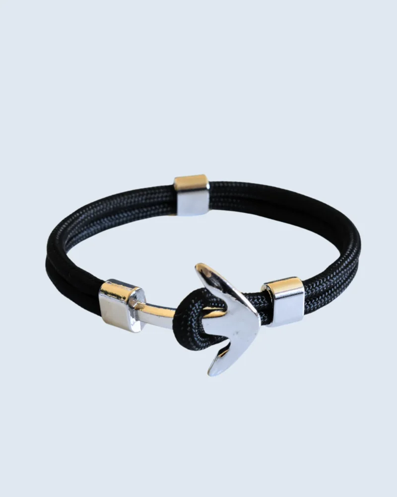 Silver Nautical Anchor Black Rope Bracelet