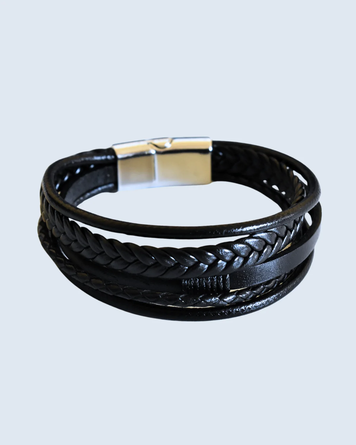 Silver Magnetic Clasp Multi-Strand Black Leather Bracelet