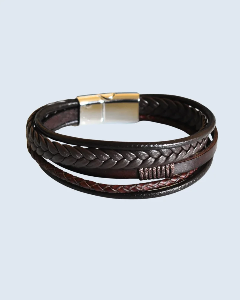 Silver Magnetic Clasp Multi-Strand Brown Leather Bracelet