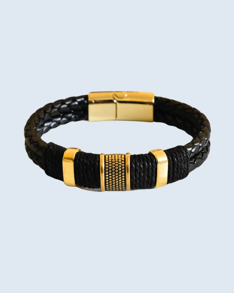 Gold Textured Bead Braided Black Leather Bracelet