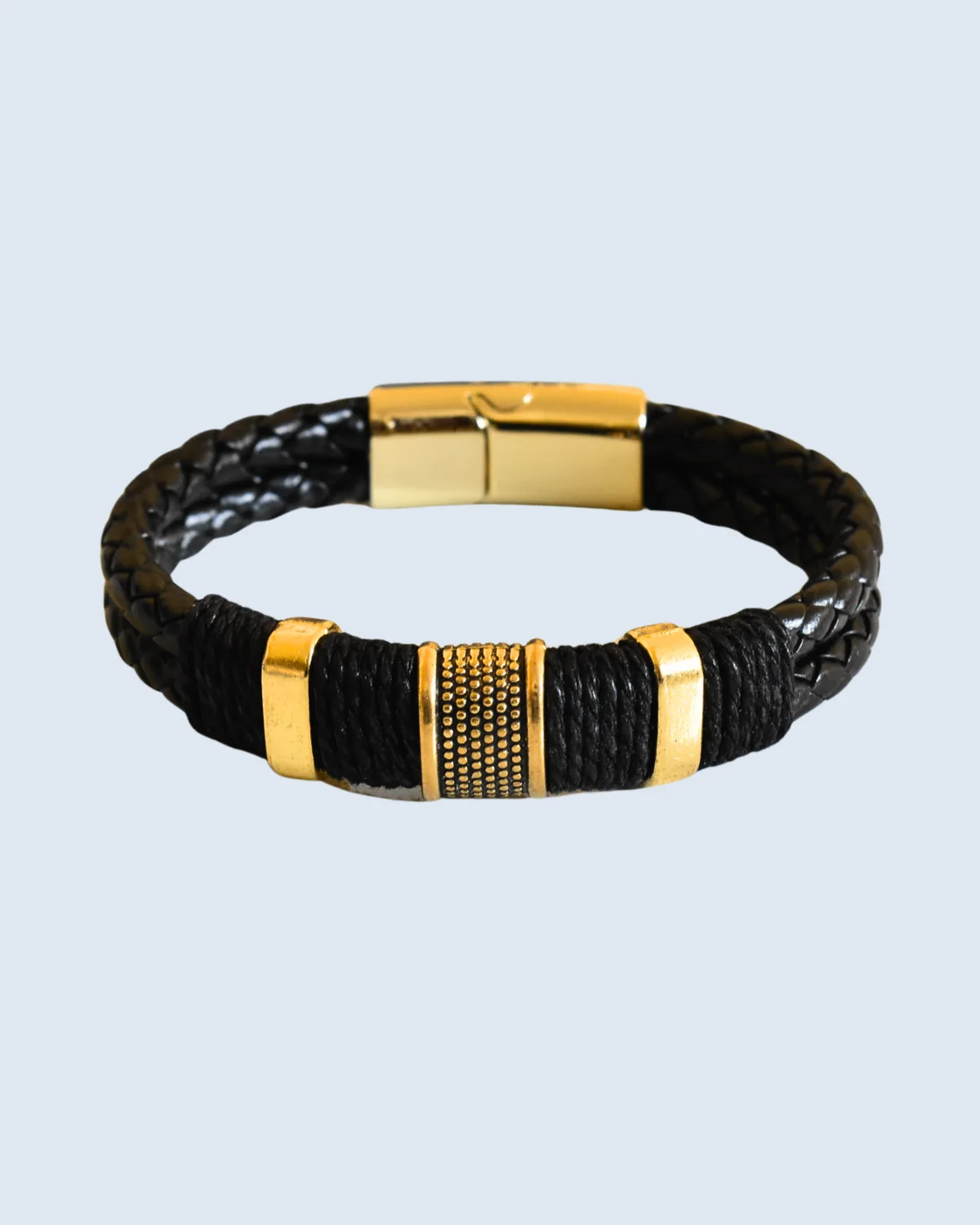Gold Textured Bead Braided Black Leather Bracelet