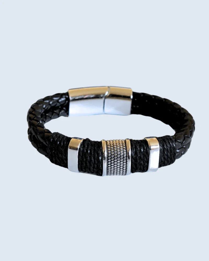 Silver Textured Bead Braided Black Leather Bracelet