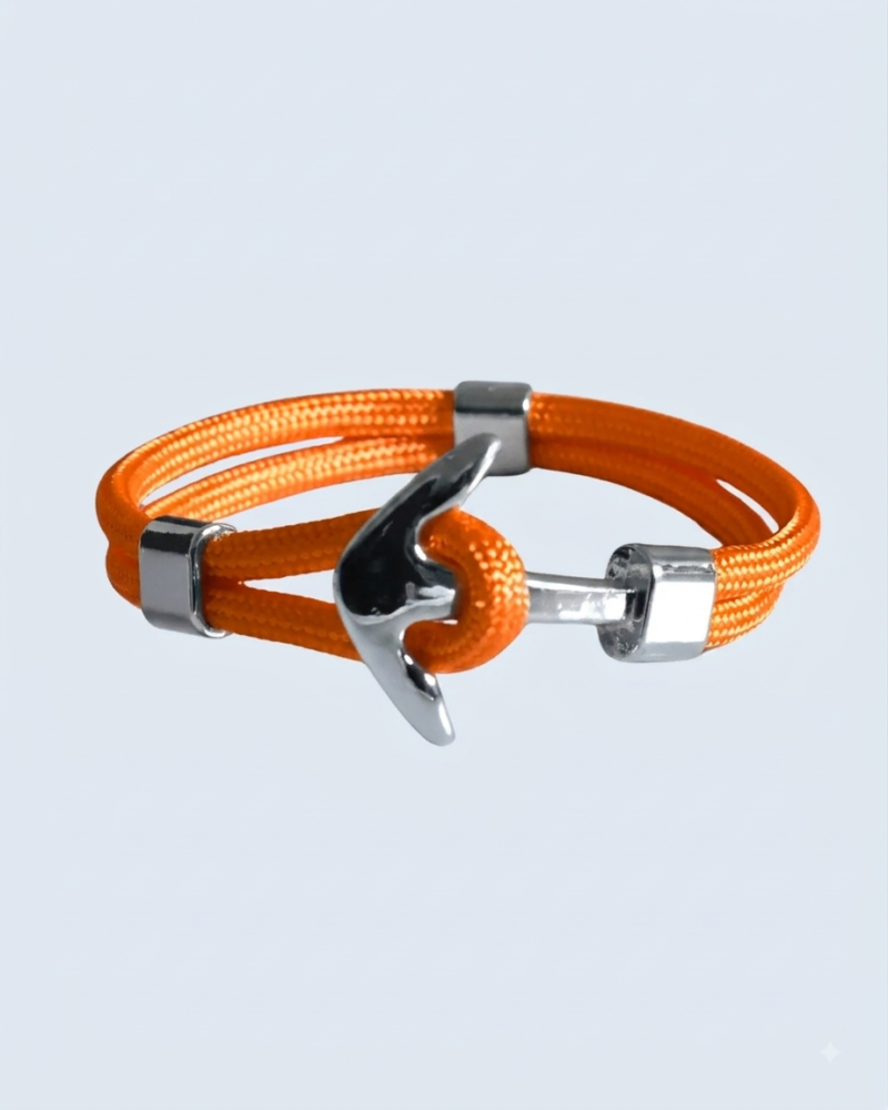 Silver Nautical Anchor Vibrant Orange Nylon Rope Bracelet