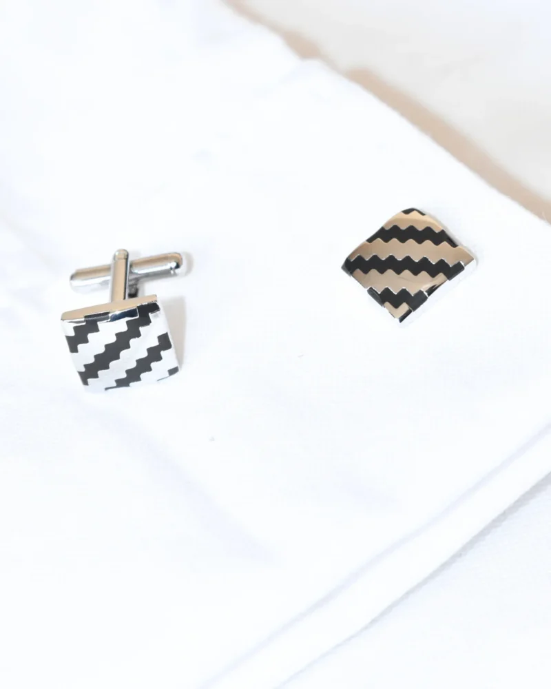 Silver and Black Chevron Diagonal Wave Square Cufflinks