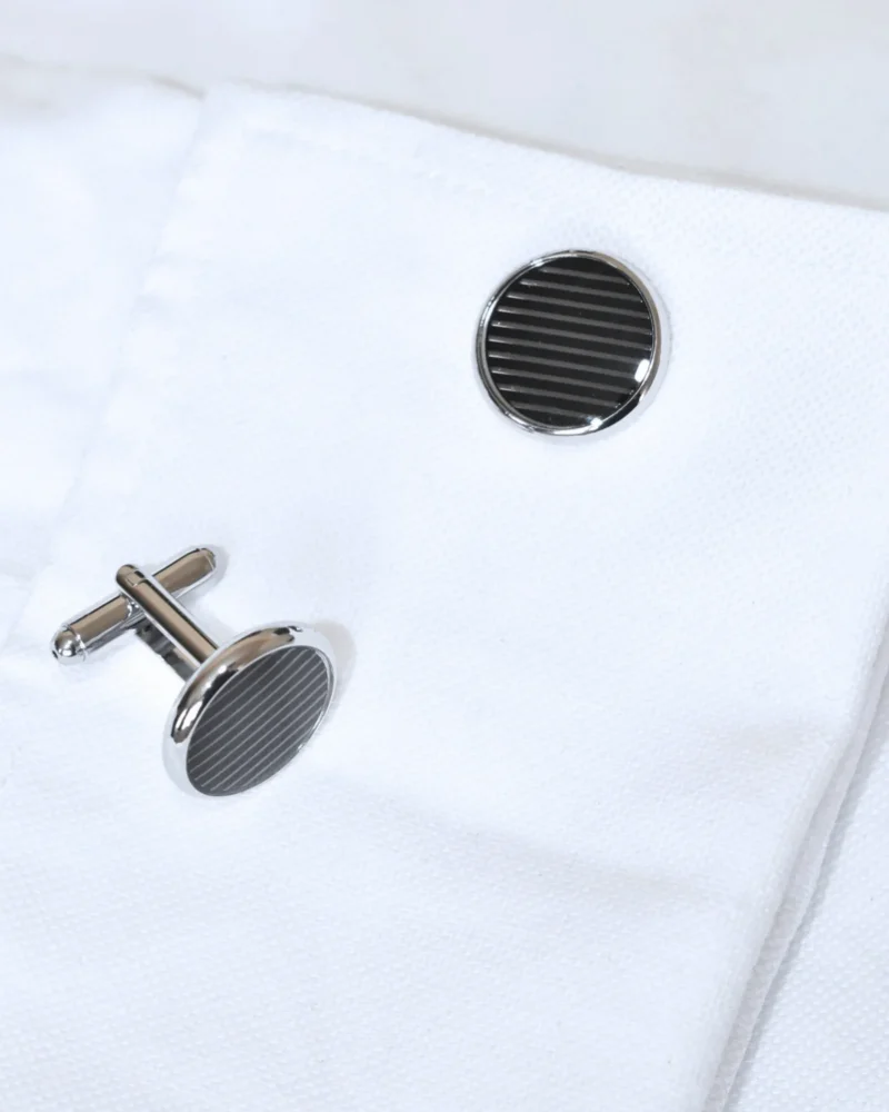 Silver and Black Horizontal Striped Round Cufflinks