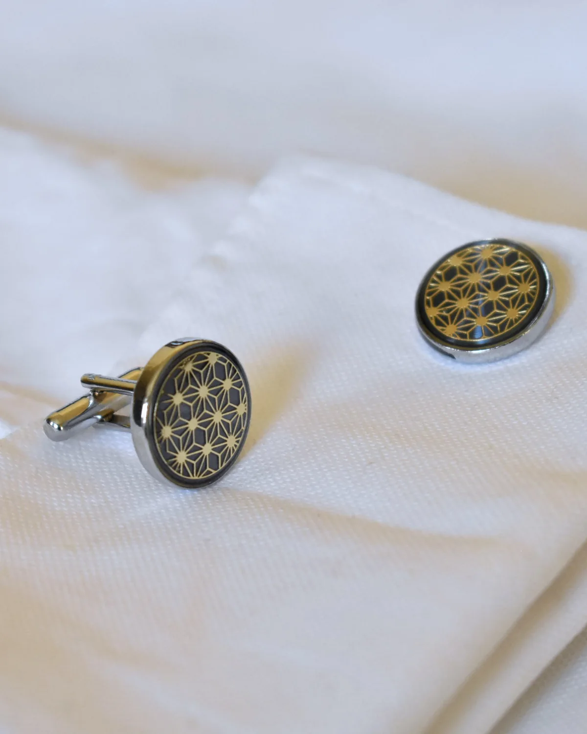 Silver, Gold, and Black Sacred Geometry Geometric Round Cufflinks