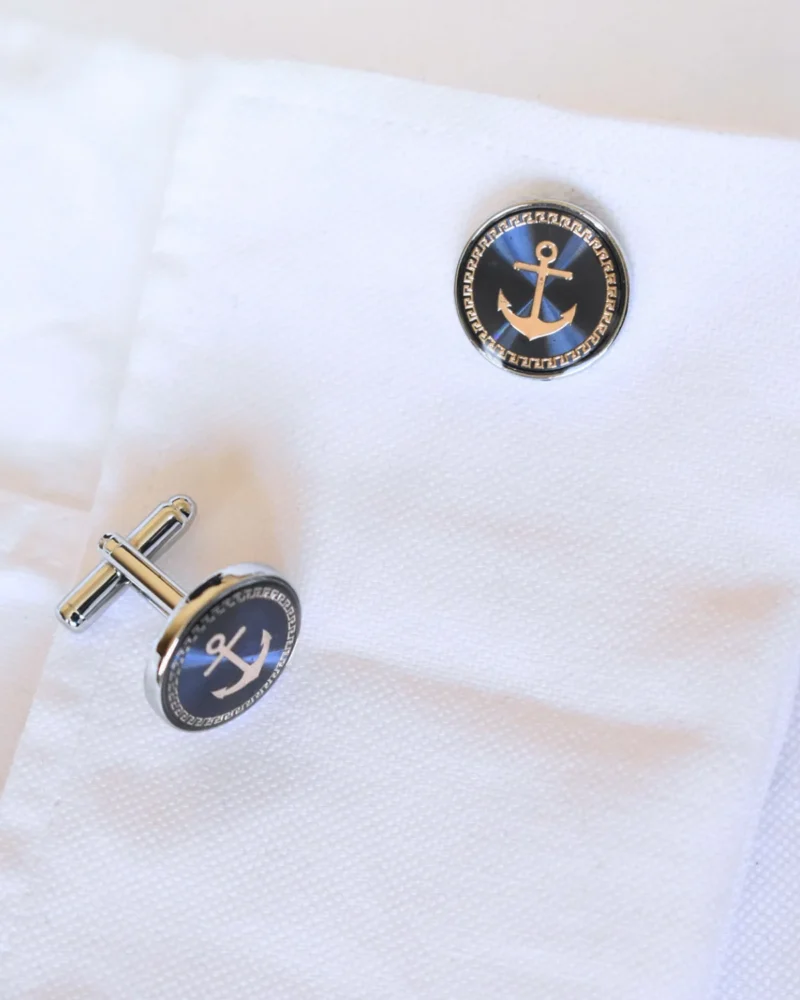 Silver, Gold, and Navy Blue Nautical Anchor Round Cufflinks