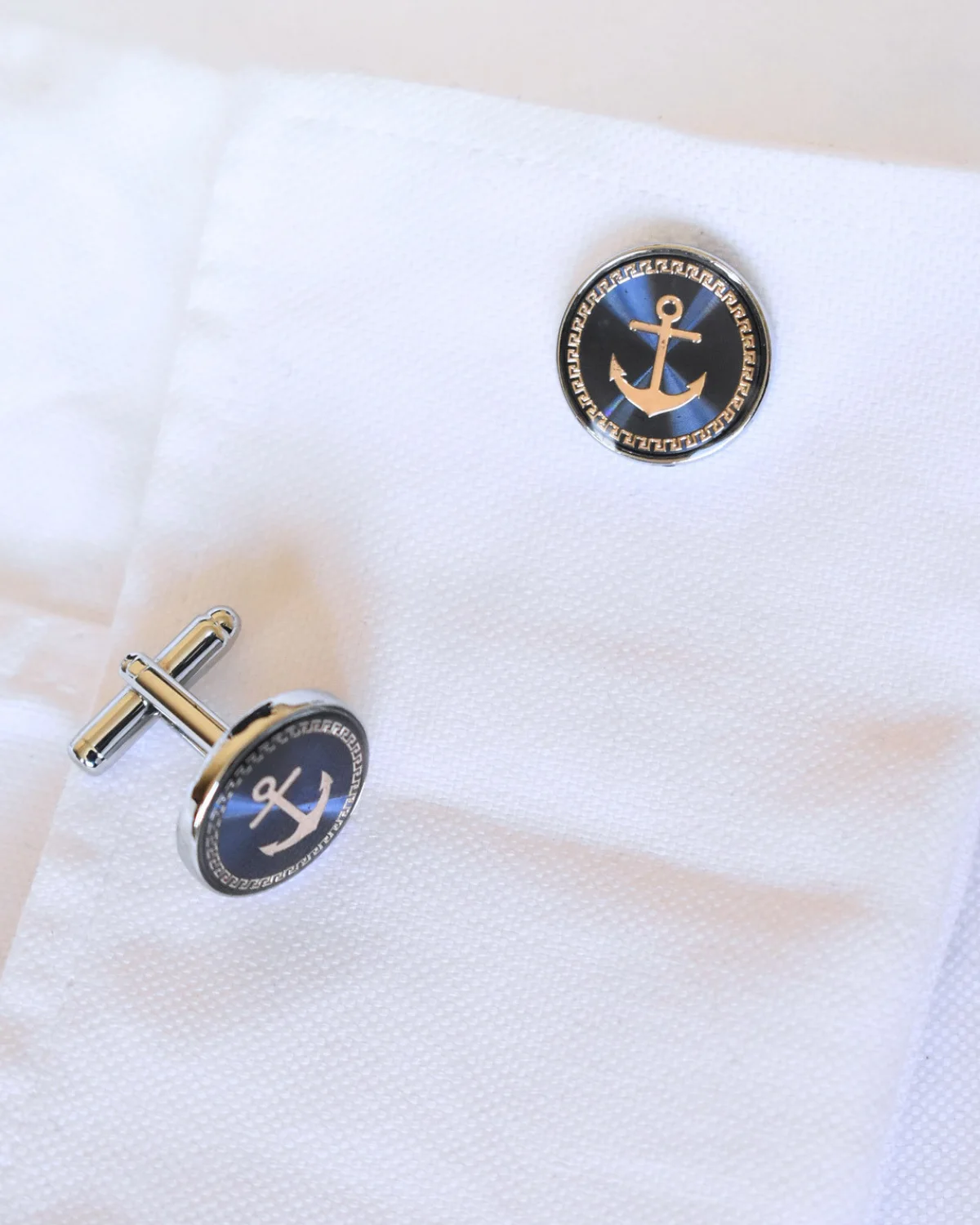 Silver, Gold, and Navy Blue Nautical Anchor Round Cufflinks