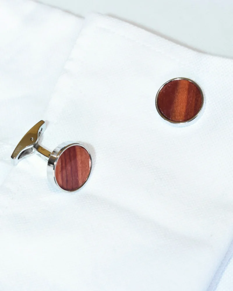 Silver and Natural Wood Inlay Round Cufflinks