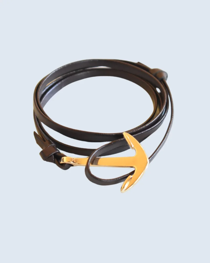 21cm Gold Nautical Anchor Brown Leather Wrap Bracelet