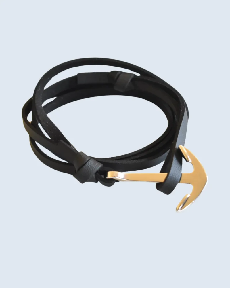 21cm Silver Nautical Anchor Black Leather Wrap Bracelet