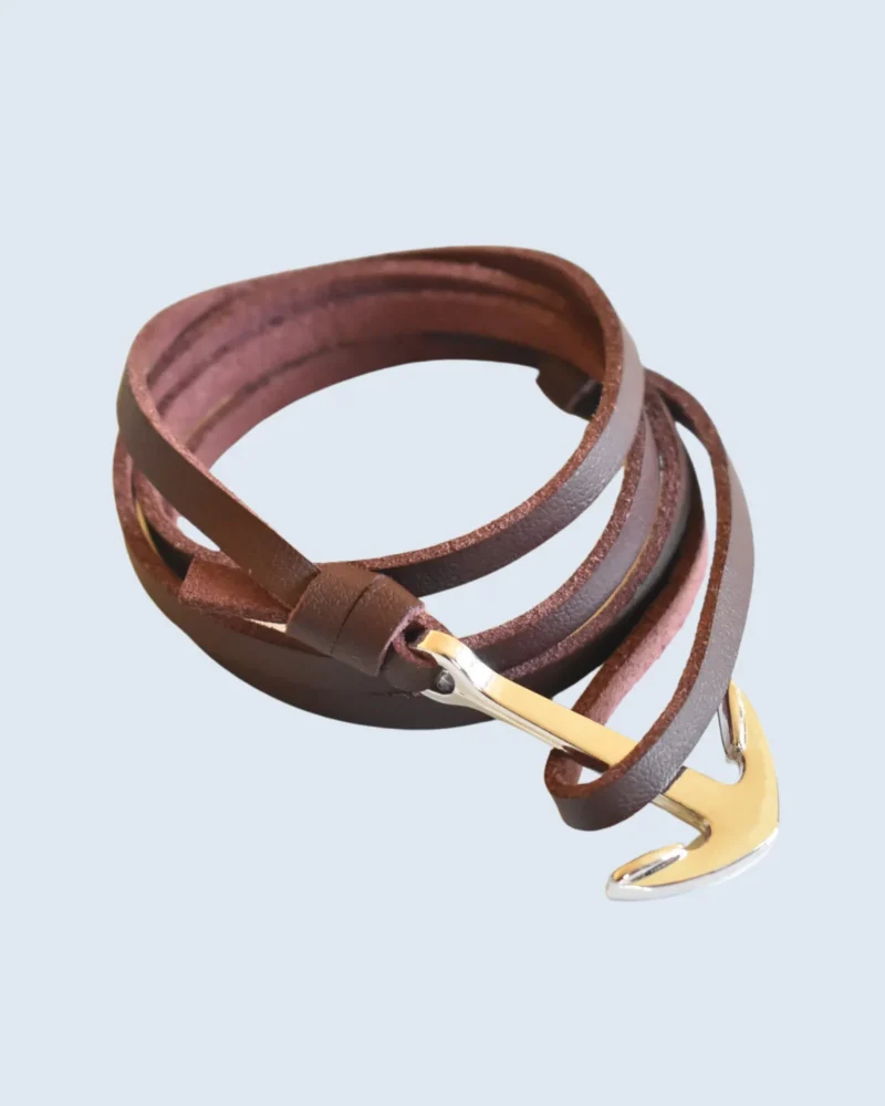 21cm Silver Nautical Anchor Brown Leather Wrap Bracelet
