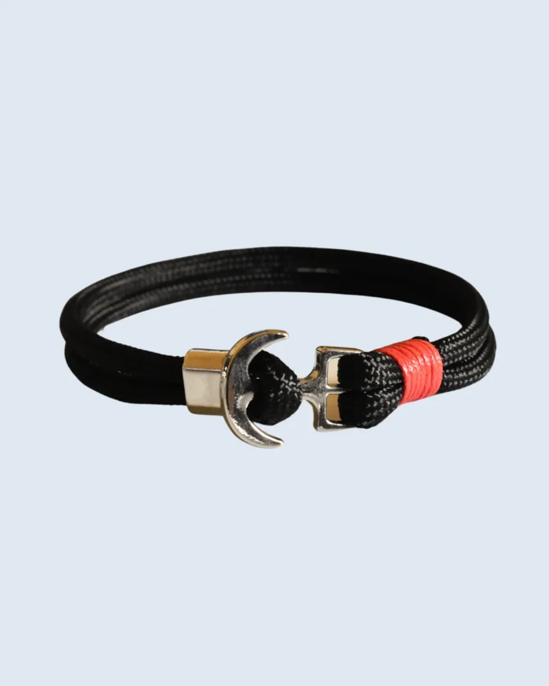 Silver Nautical Anchor Black Nylon Rope Bracelet