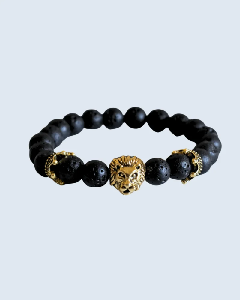 21cm Gold Lion Head Black Lava Stone Beaded Bracelet
