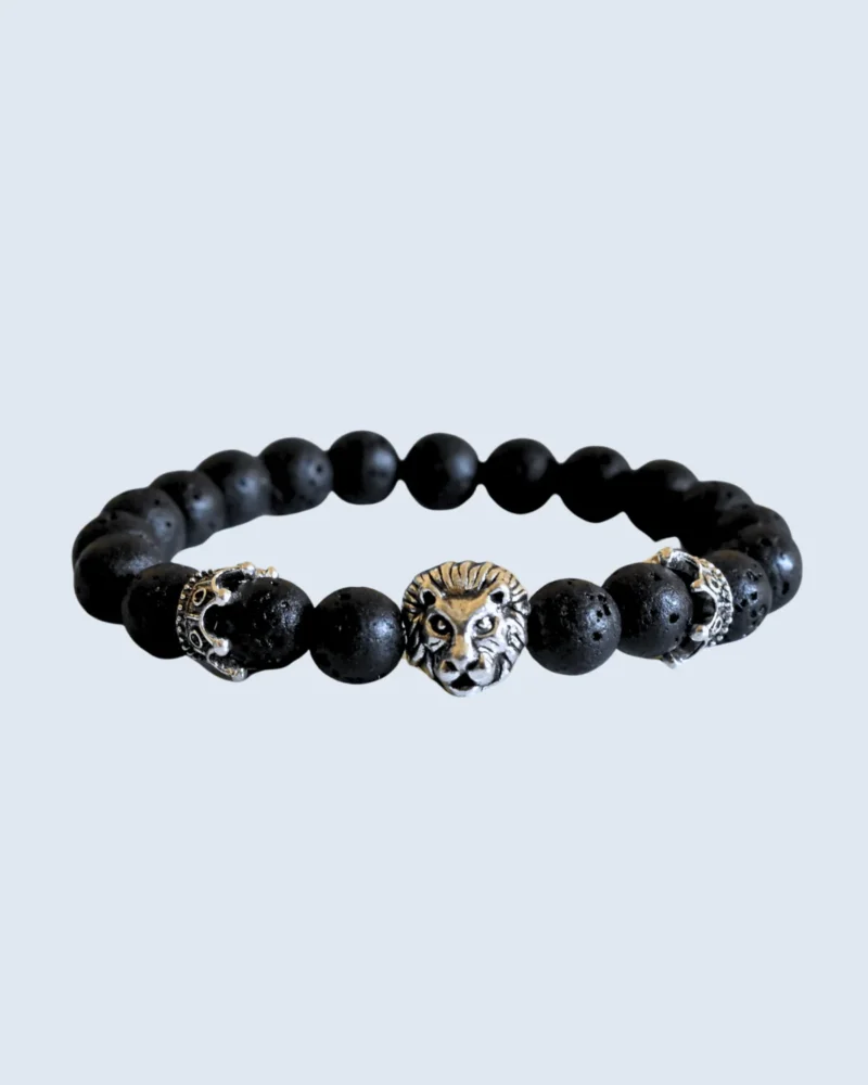 Silver Lion Head Black Lava Stone Beaded Bracelet
