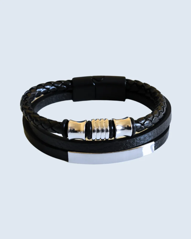 21cm Silver Bar and Braided Black Leather Multi-Strand Bracelet
