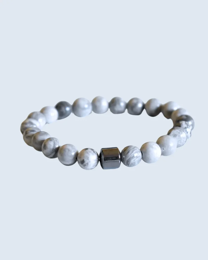 21cm White Marbled Stone & Gunmetal Cube Beaded Bracelet