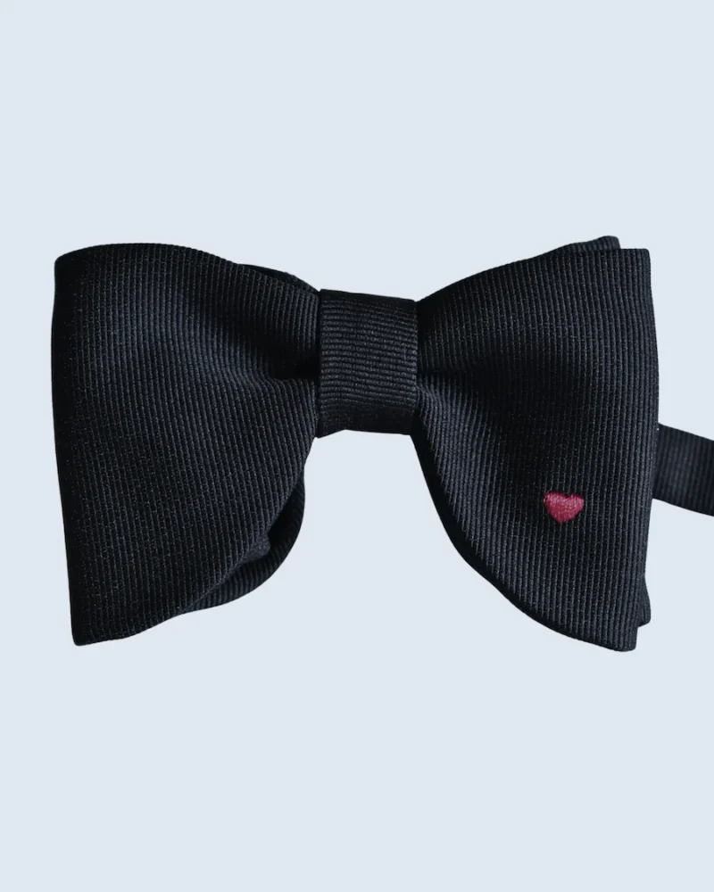 Black Woven Bow Tie with Red Heart Embroidery