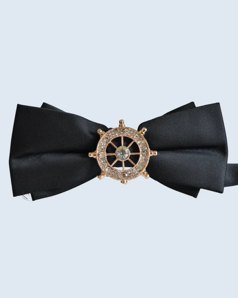 Black Bow Tie with Gold Ship Wheel Brooch