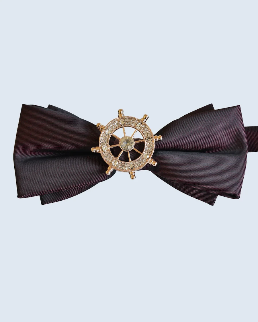 Burgundy Bow Tie with Gold Ship Wheel Brooch