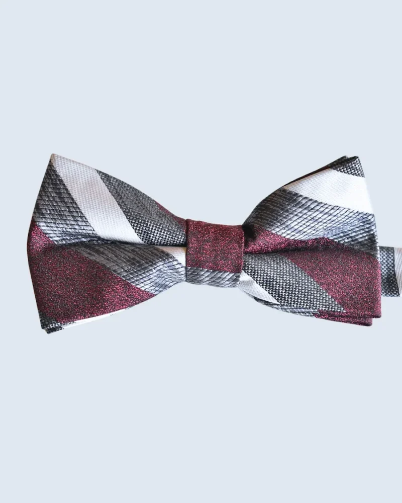 Burgundy, Silver & Charcoal Block Striped Woven Bow Tie