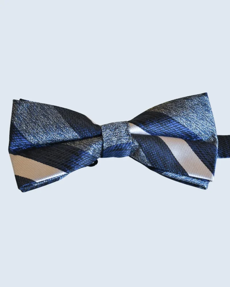 Navy Blue, Silver & Textured Block Striped Woven Bow Tie