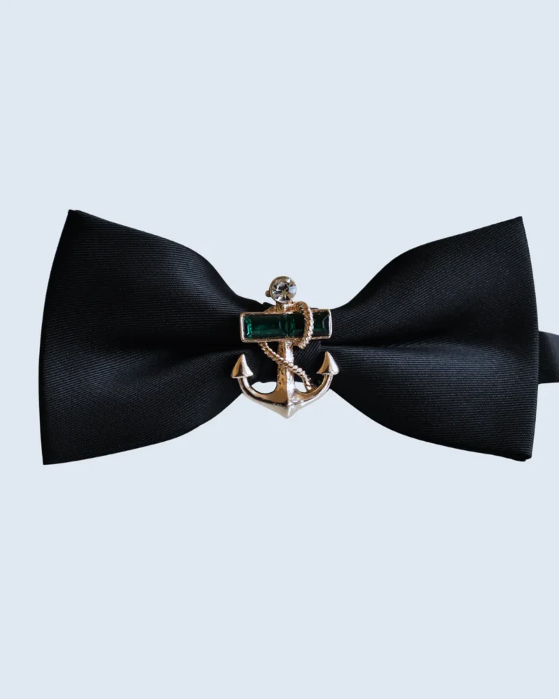 Classic Black Bow Tie with Gold Anchor & Emerald Brooch