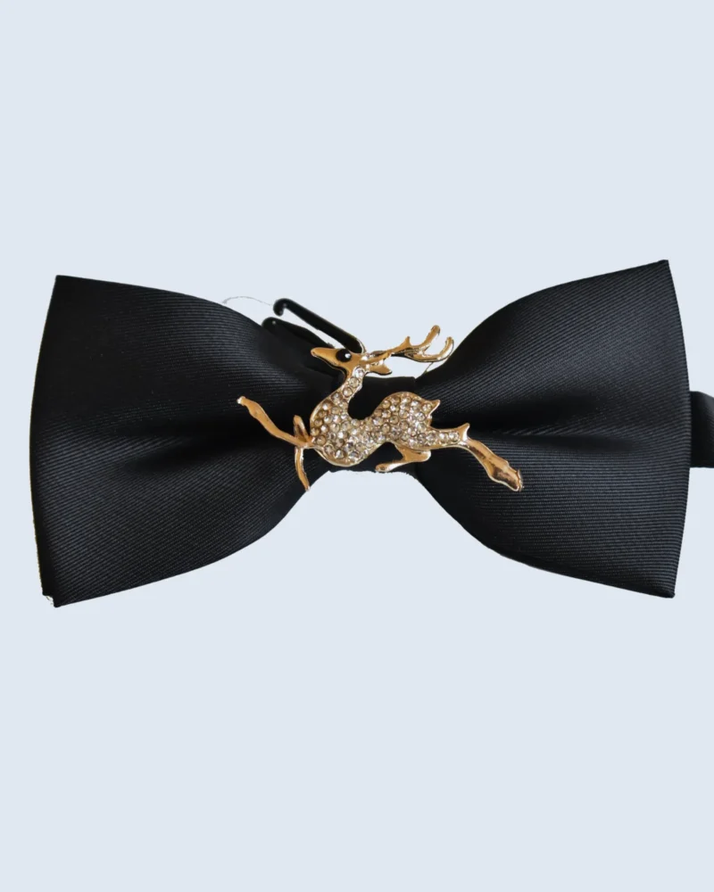 Black Bow Tie with Gold Crystal Reindeer Brooch