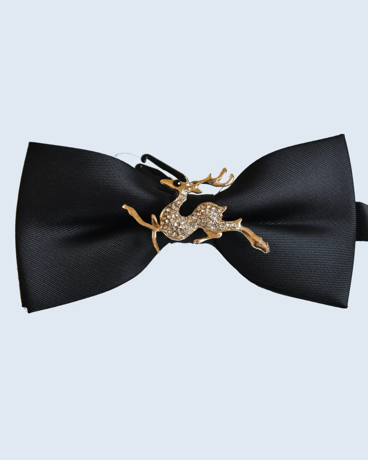 Black Bow Tie with Gold Crystal Reindeer Brooch