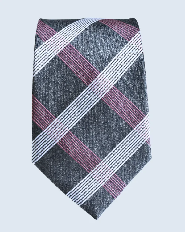 Charcoal and Pink Plaid Striped Formal Necktie