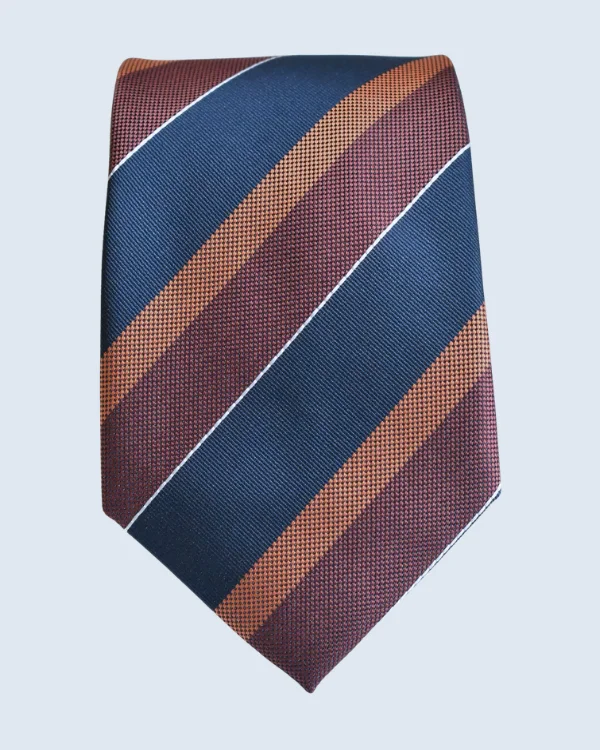 Navy, Orange and Burgundy Striped Formal Necktie