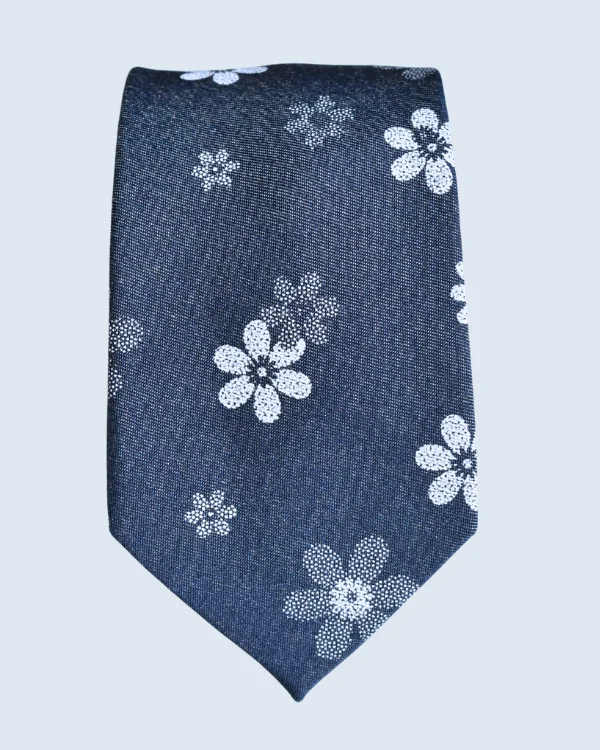 Dark Blue and White Floral Formal Necktie