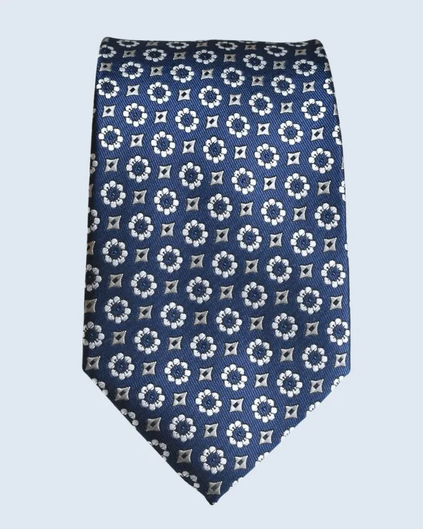 Dark Blue and White Geometric Floral Formal Necktie