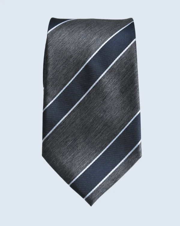 Charcoal Grey, Navy Blue and White Striped Formal Necktie